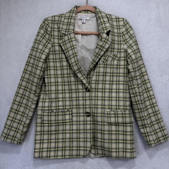 Topshop Blazer Womens US 2 Beige Neon Yellow Plaid Two Button Lined 17B17MULT - Picture 1 of 12